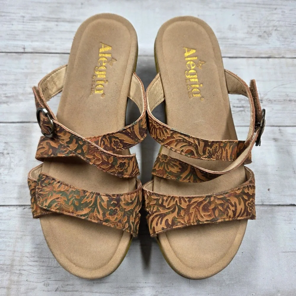 Alegria Wedge Sandal Women 37 Brown Floral Leather ROU-166 Boho Platform Strappy